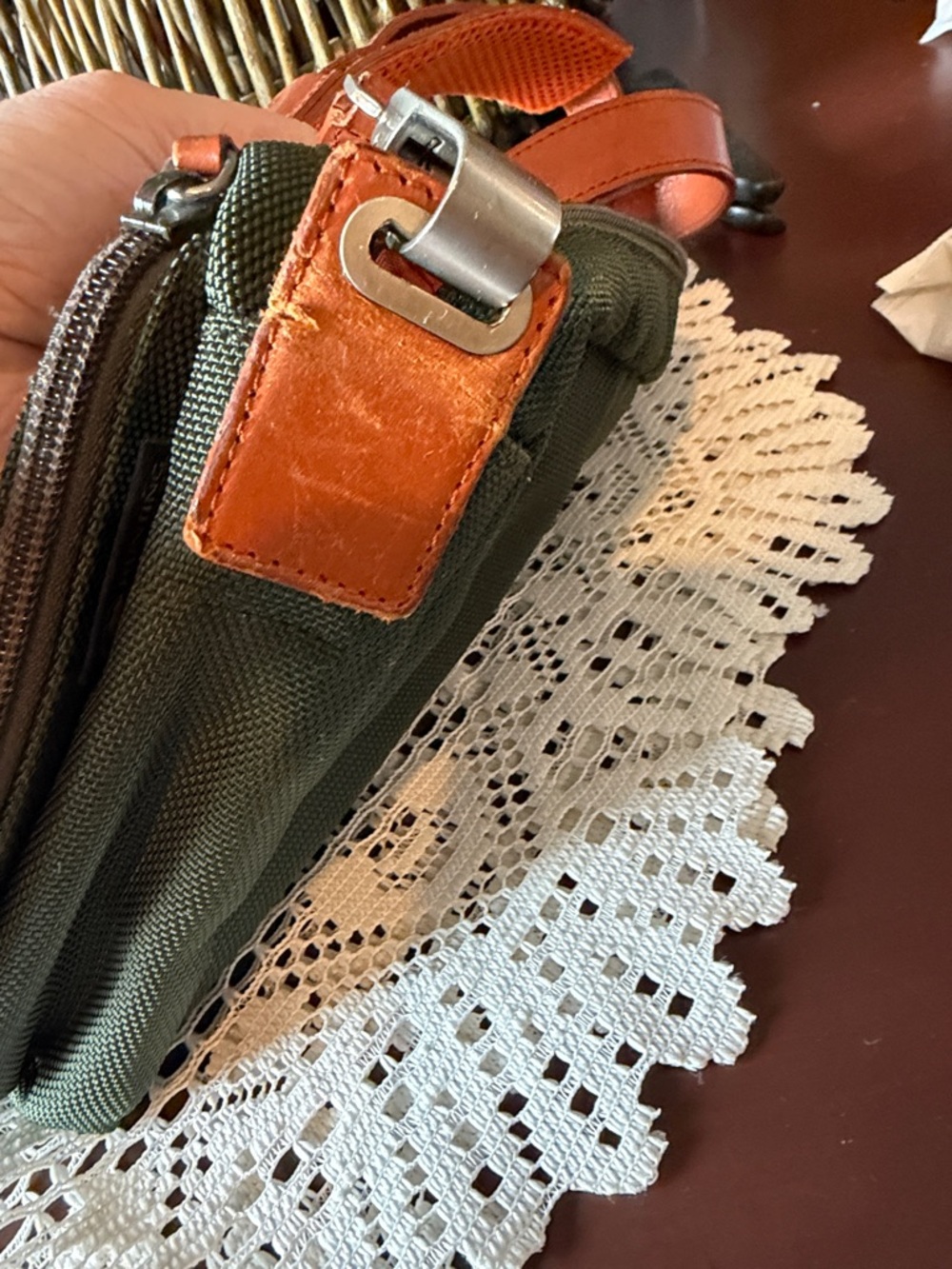 Olive Green Canvas Crossbody Bag with Orange Lining - Picture 8 of 9